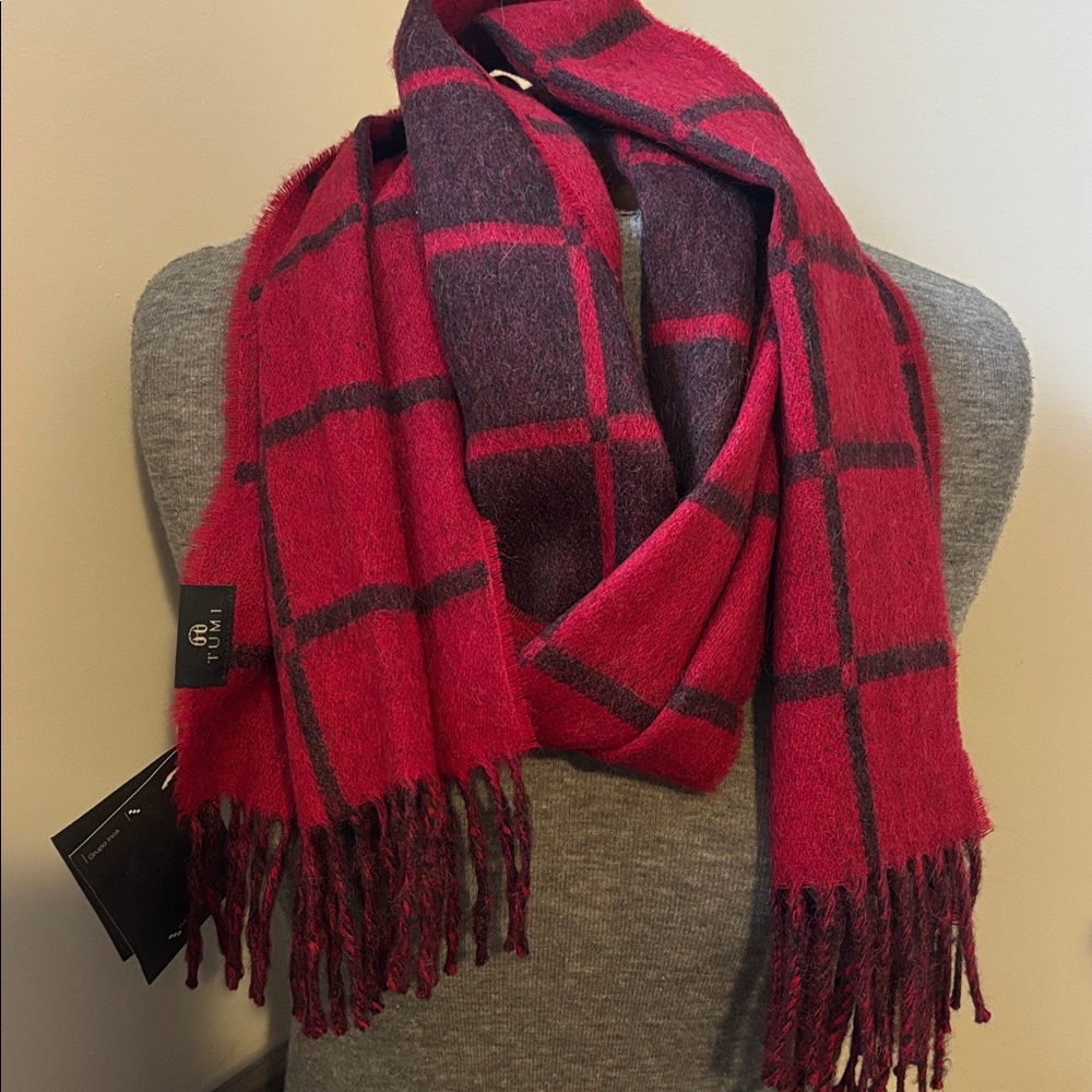 Tumi Red and Black Reversible Plaid Scarf